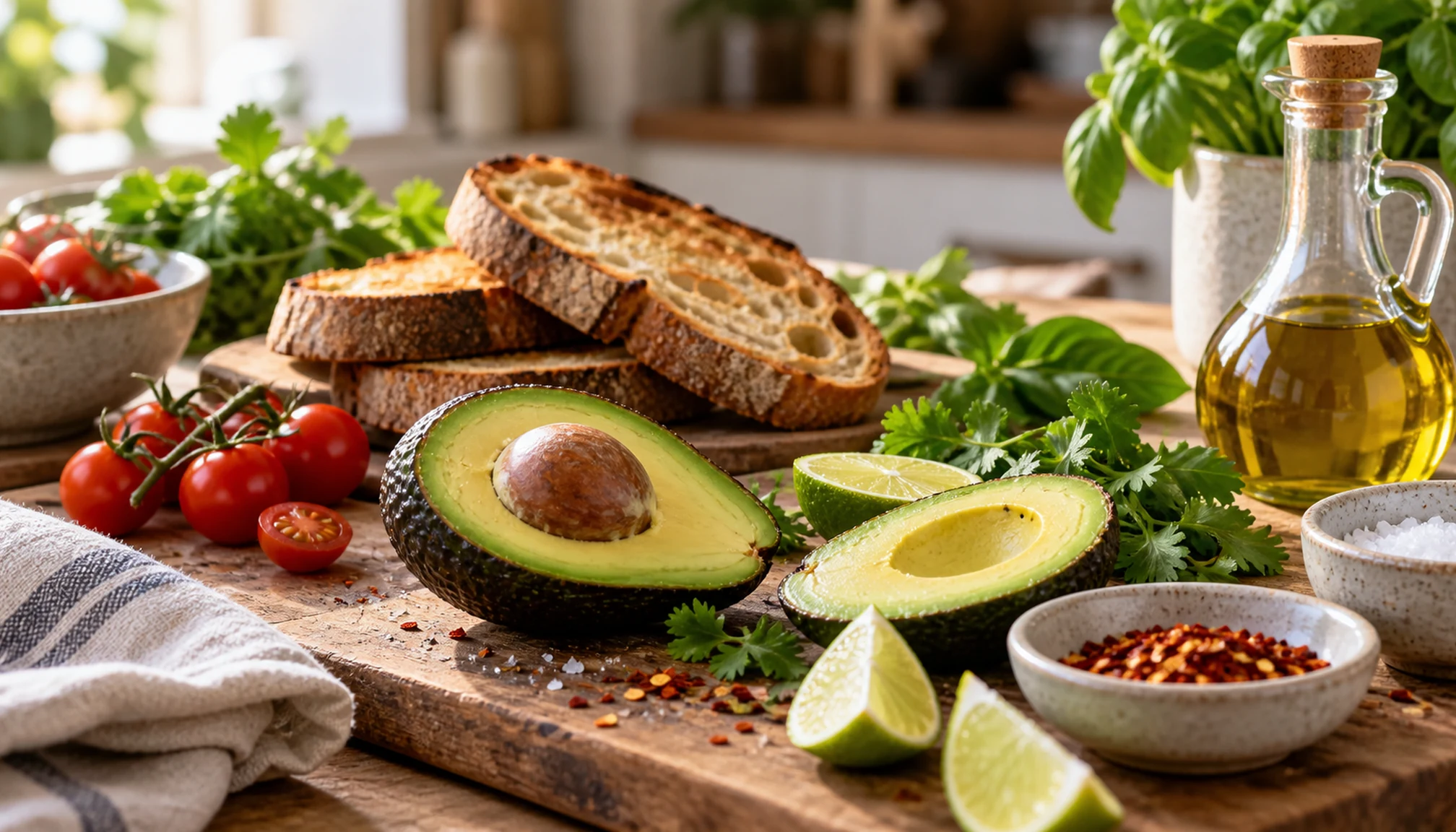 Préparation culinaire autour de avocado toast sur un plan de travail