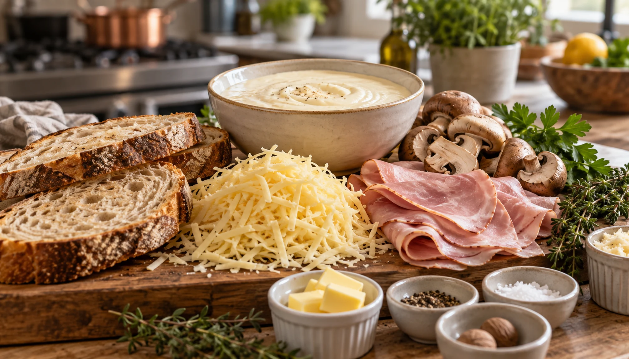 Préparation culinaire autour de croque monsieur revisité sur un plan de travail