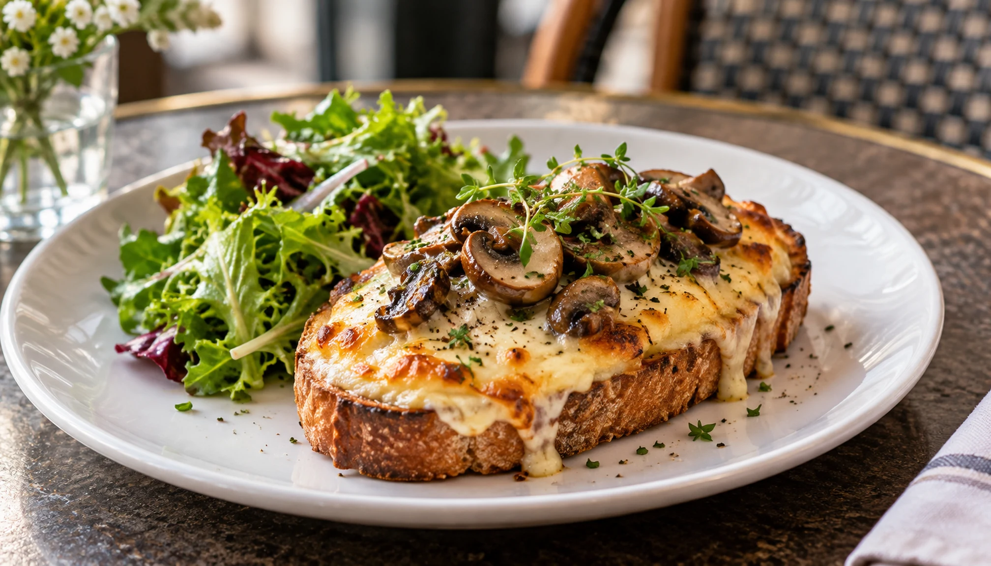 Présentation finale de croque monsieur revisité prête à servir