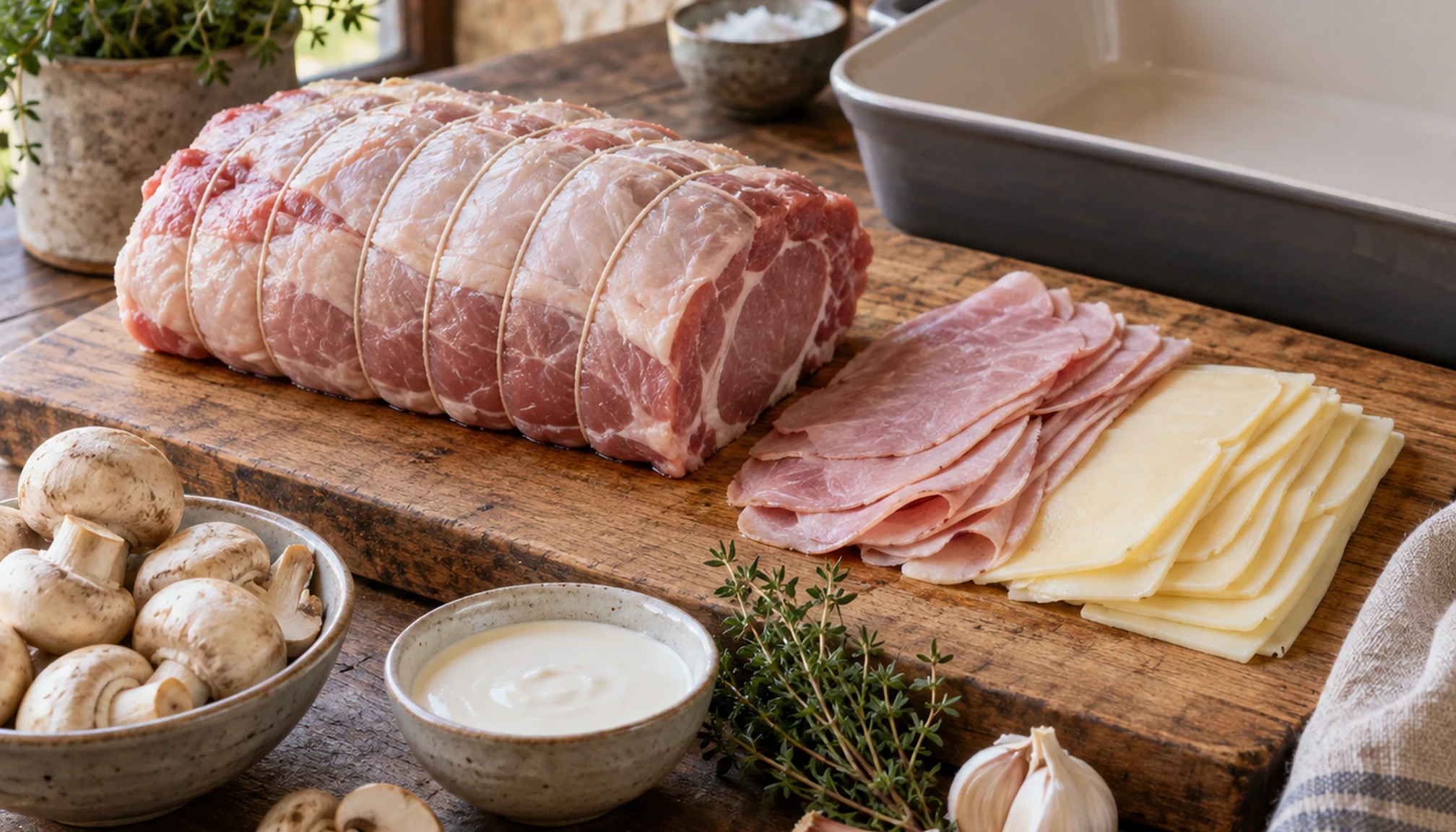 Préparation culinaire autour de cuire un rôti de porc orloff pour qu’il reste juteux ? sur un plan de travail