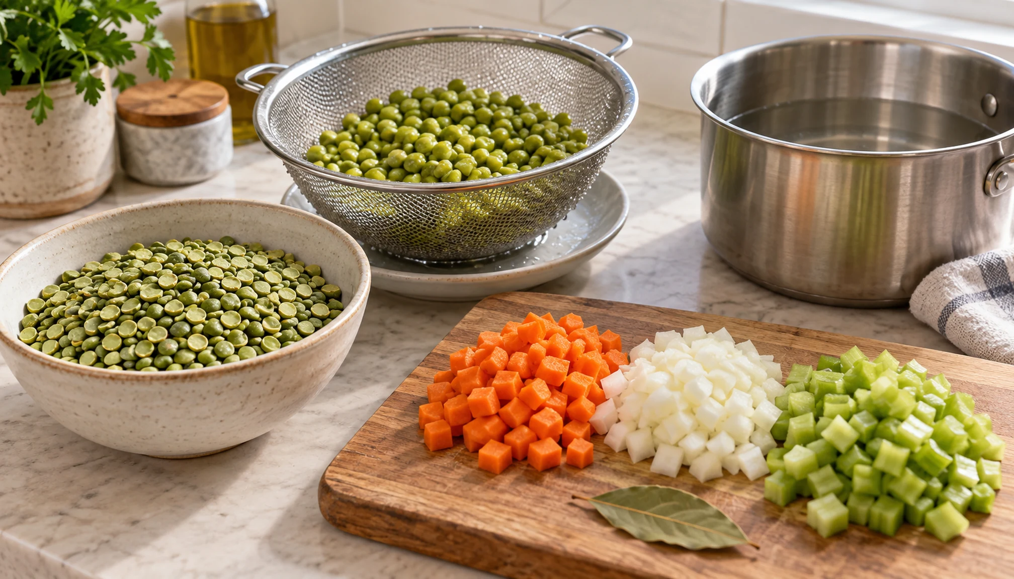 Préparation culinaire autour de cuisson pois cassés sur un plan de travail