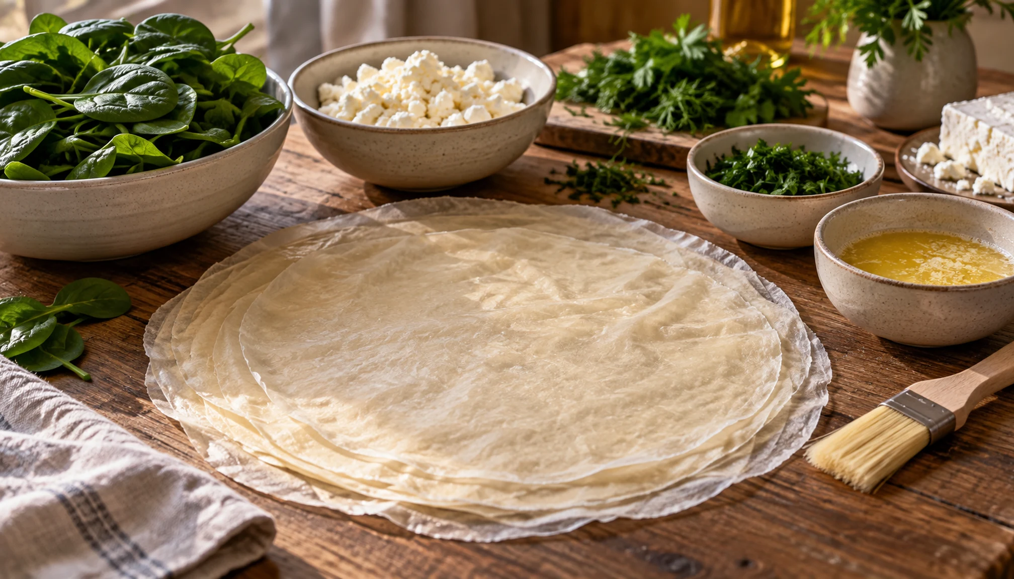 Préparation culinaire autour de feuille de brique sur un plan de travail