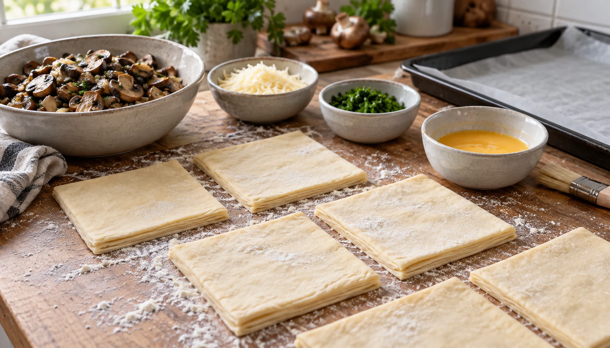 Préparation culinaire autour de feuilletés maison sur un plan de travail