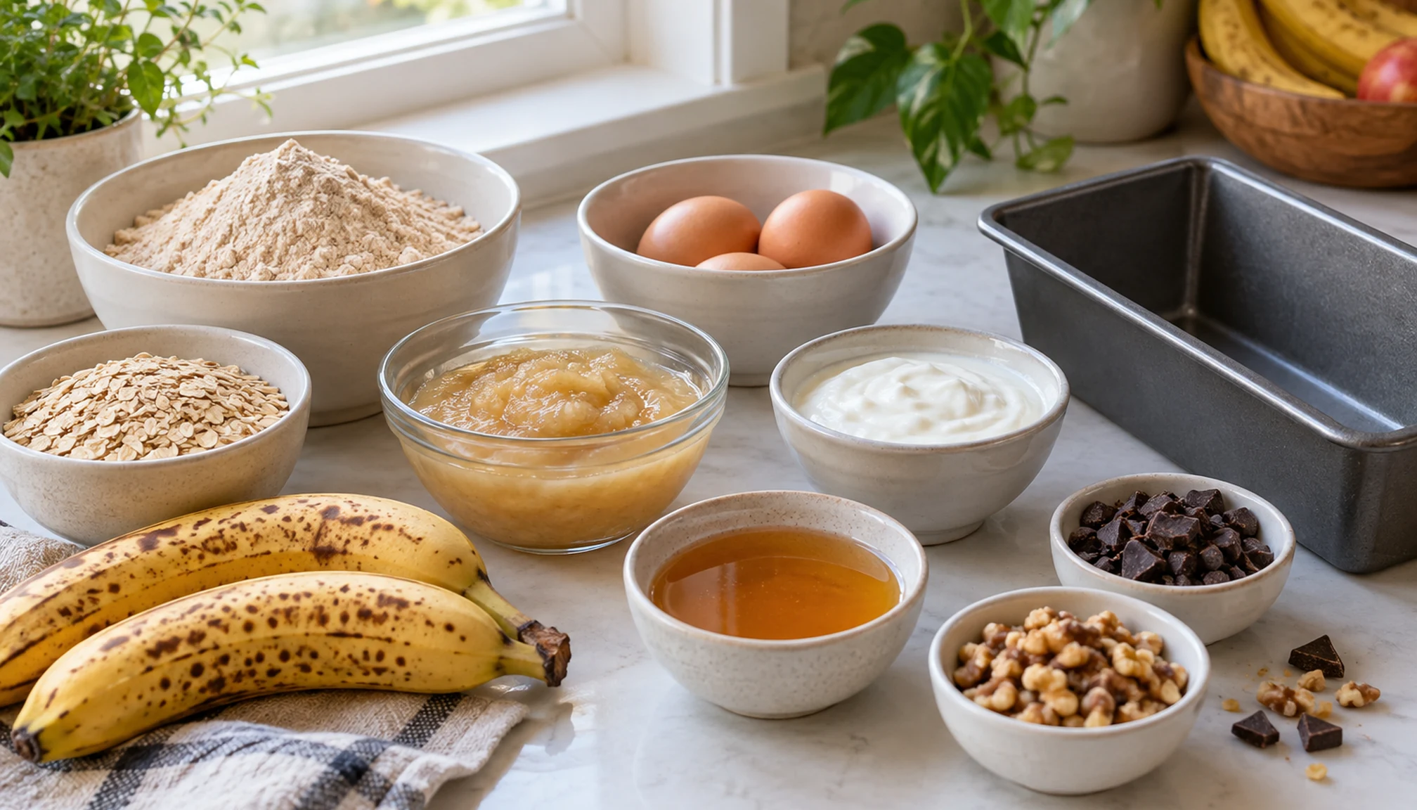 Préparation culinaire autour de gâteau healthy moelleux sur un plan de travail