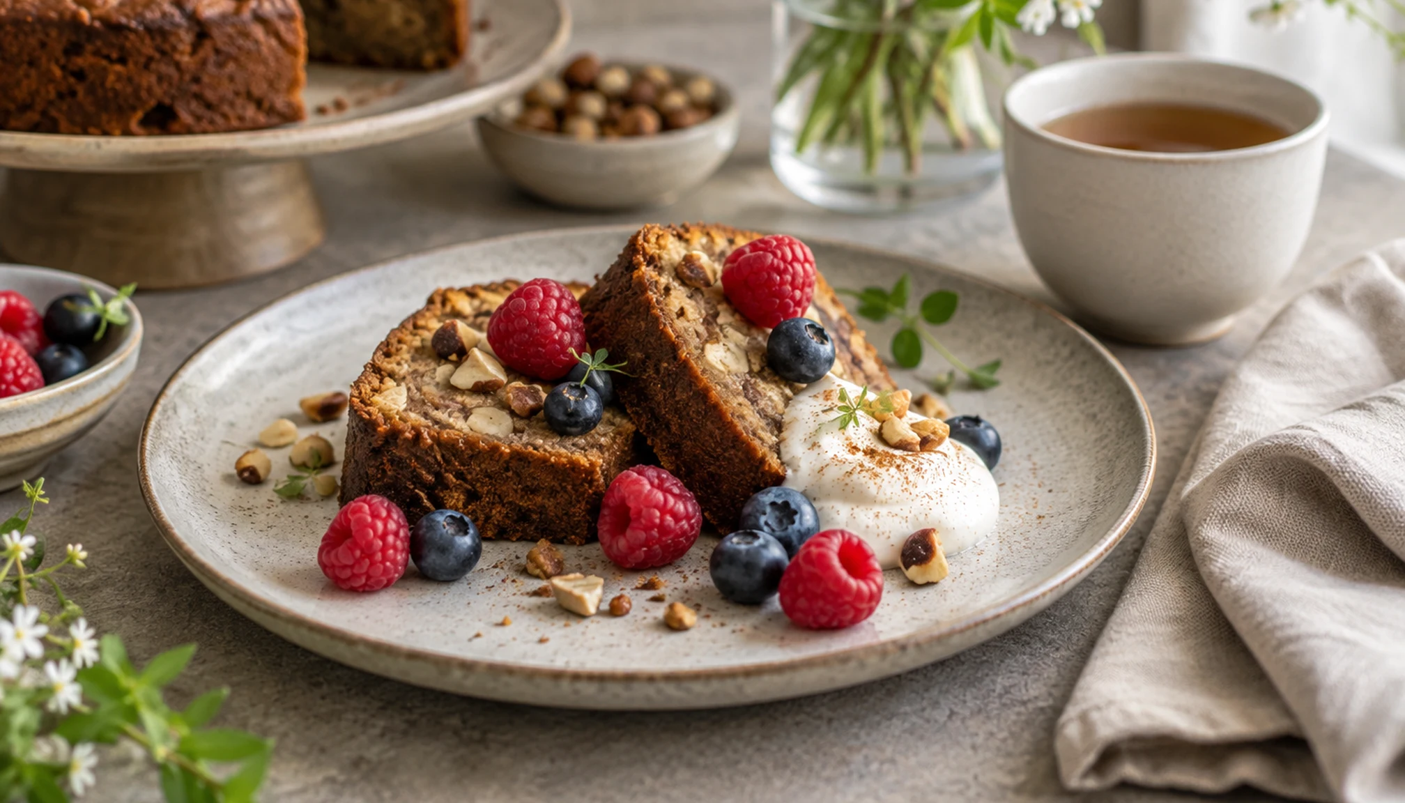 Présentation finale de gâteau healthy moelleux prête à servir