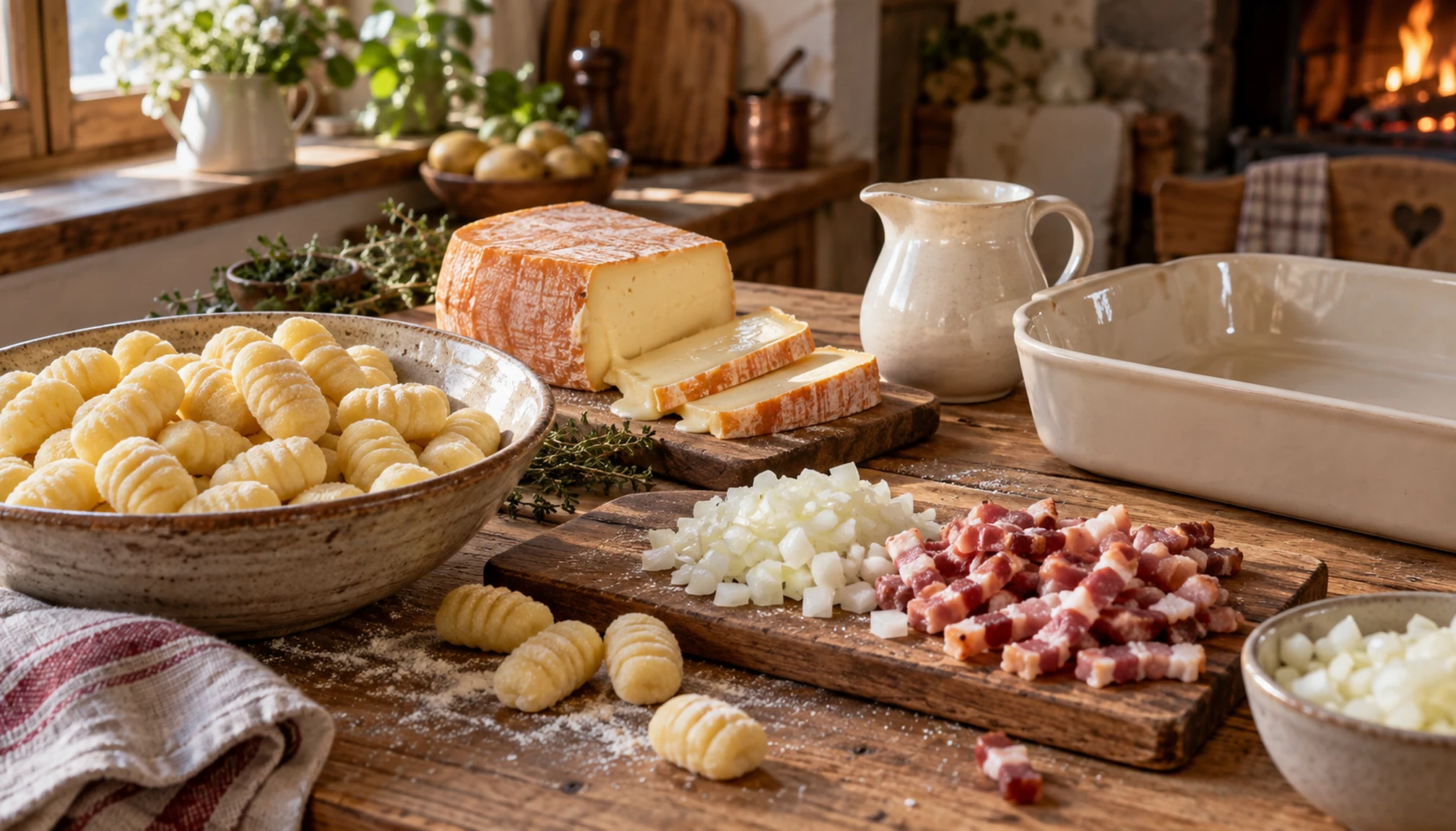 Préparation culinaire autour de gnocchiflette maison sur un plan de travail