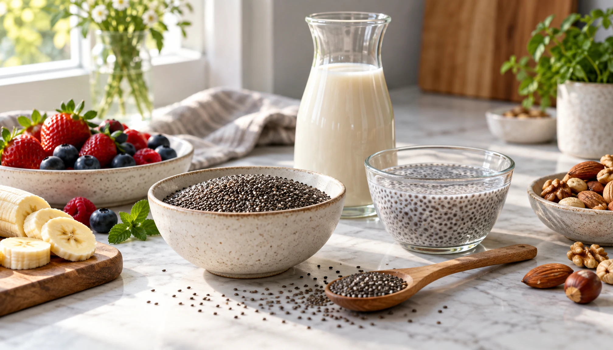 Préparation culinaire autour de graine de chia sur un plan de travail