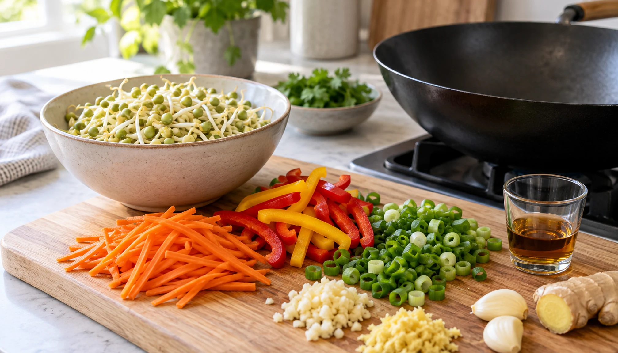 Préparation culinaire autour de recette haricots mungo sur un plan de travail