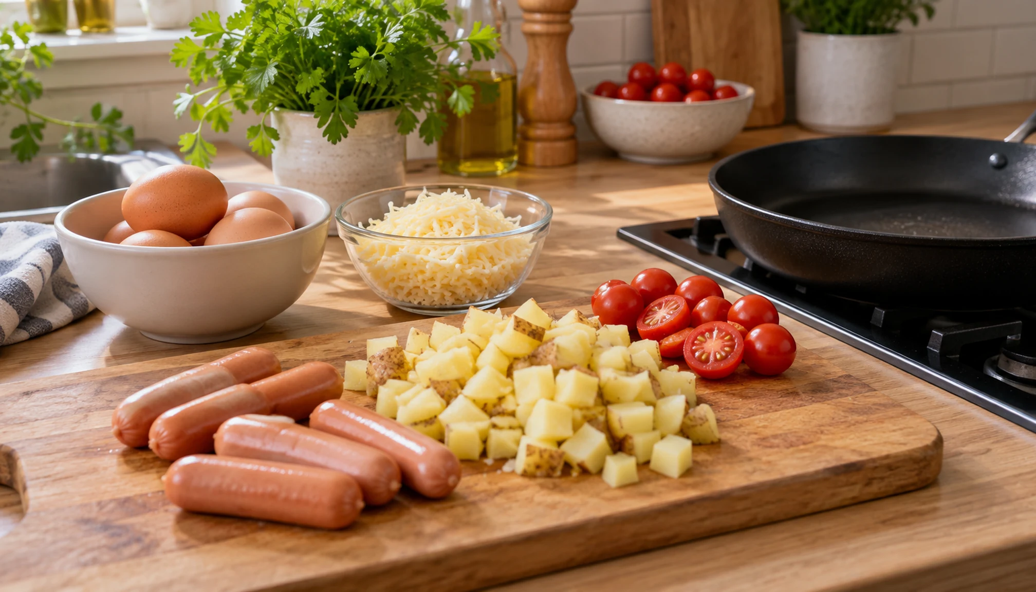 Préparation culinaire autour de knacki sur un plan de travail