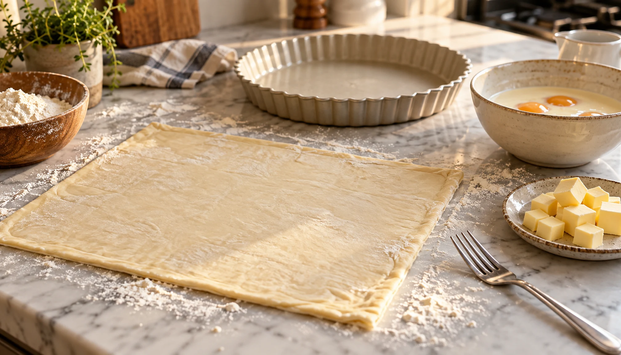 Préparation culinaire autour de pâte feuilletée pour quiche sur un plan de travail