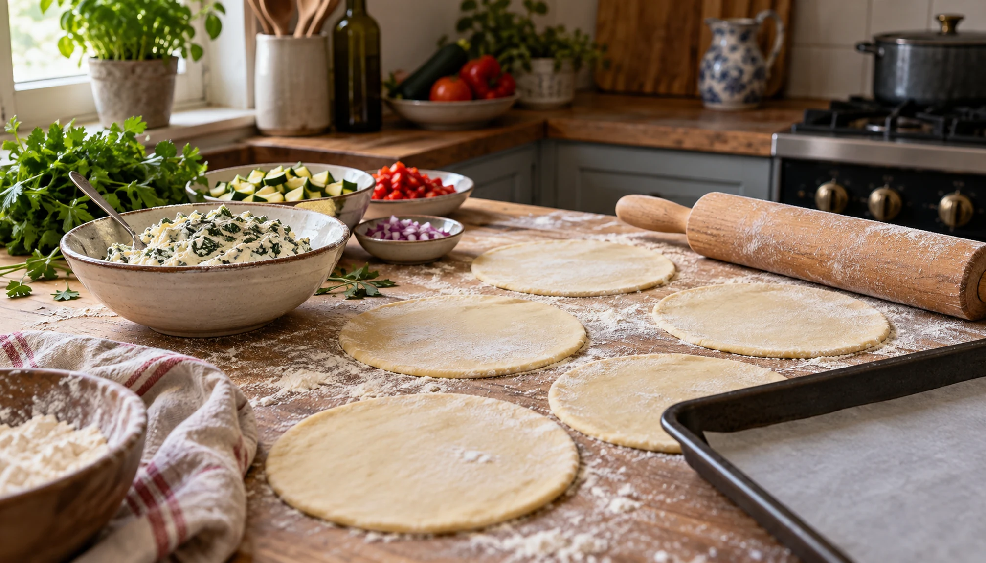 Préparation culinaire autour de pâte fourré sur un plan de travail