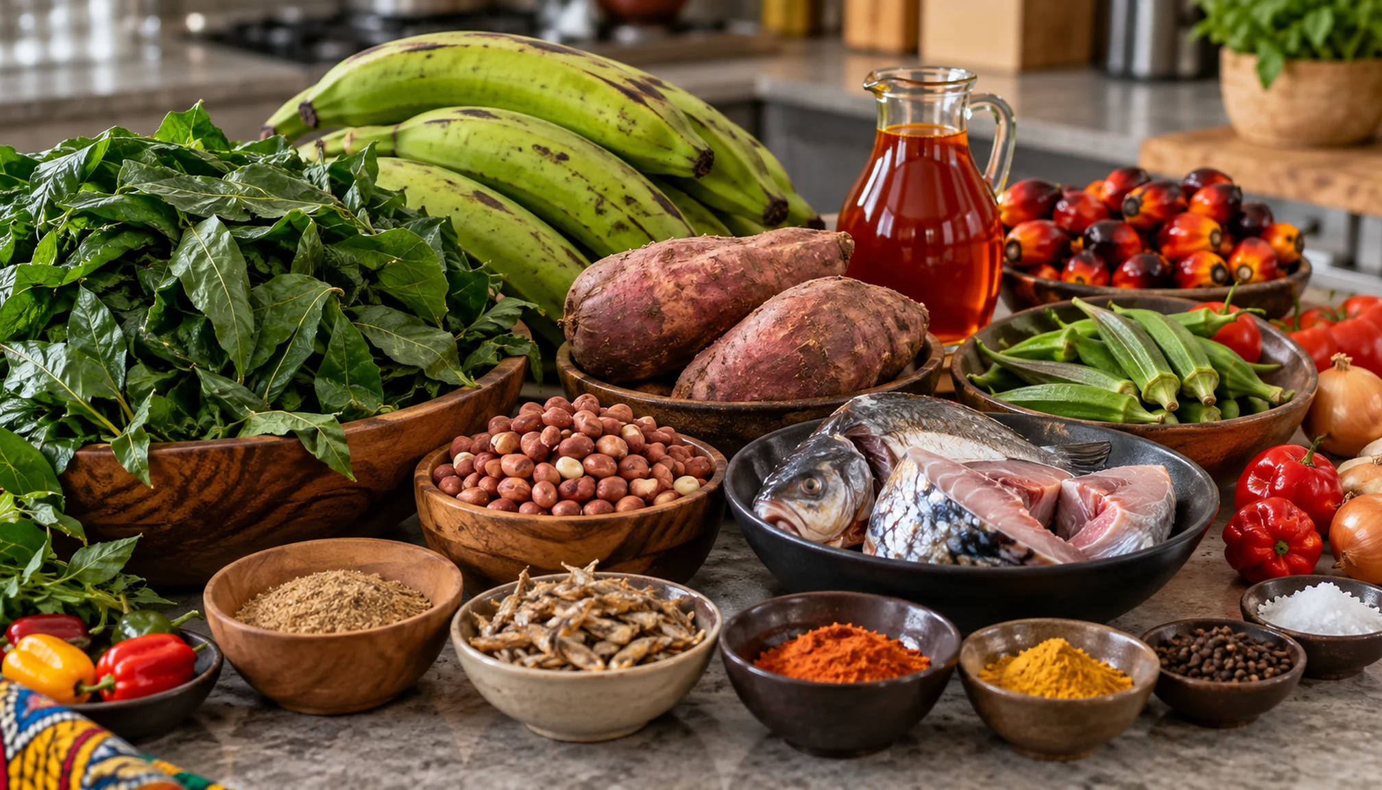 Préparation culinaire autour de plats congo sur un plan de travail