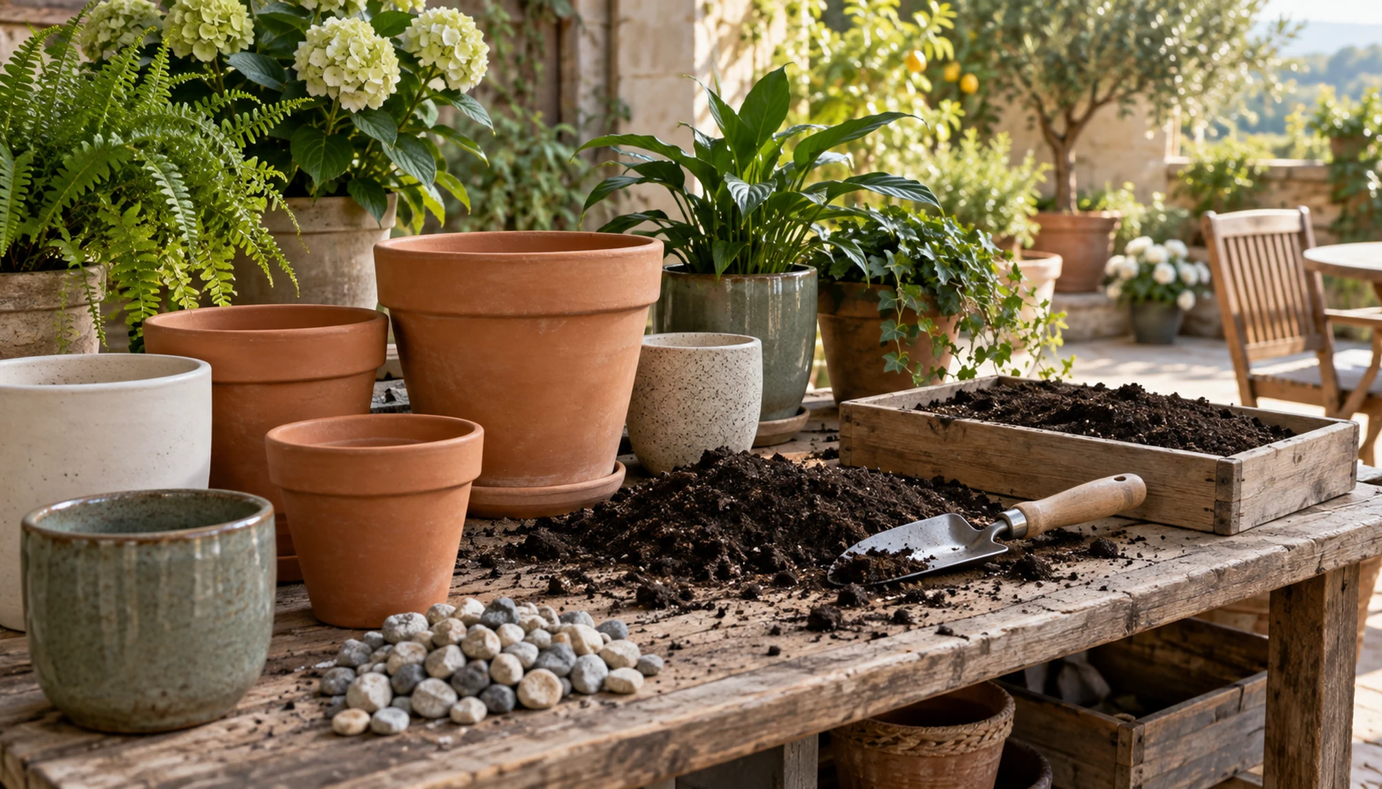 Préparation culinaire autour de choisir le bon pot pour plantes sur un plan de travail