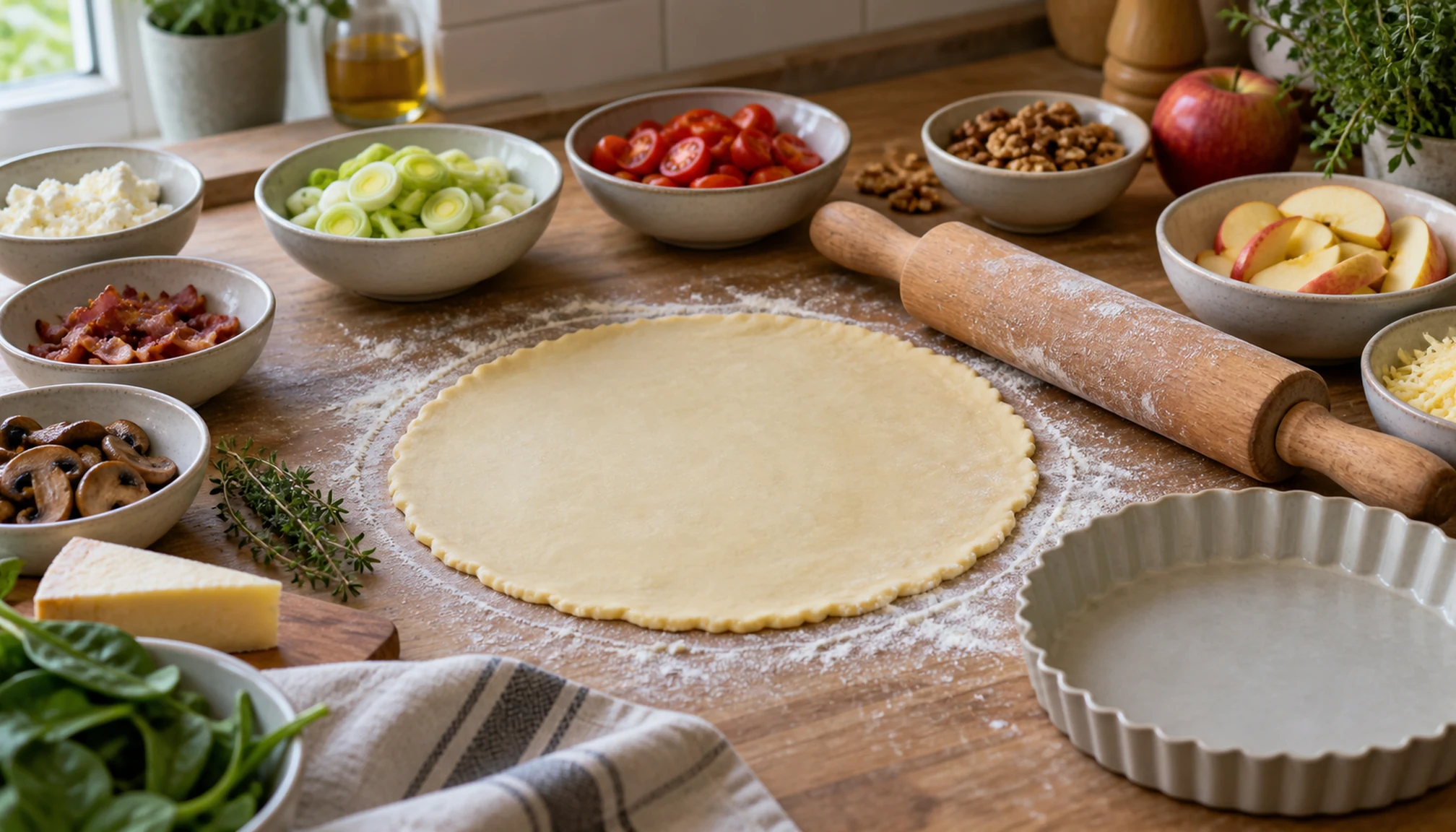 Préparation culinaire autour de que faire avec une pâte brisée sur un plan de travail