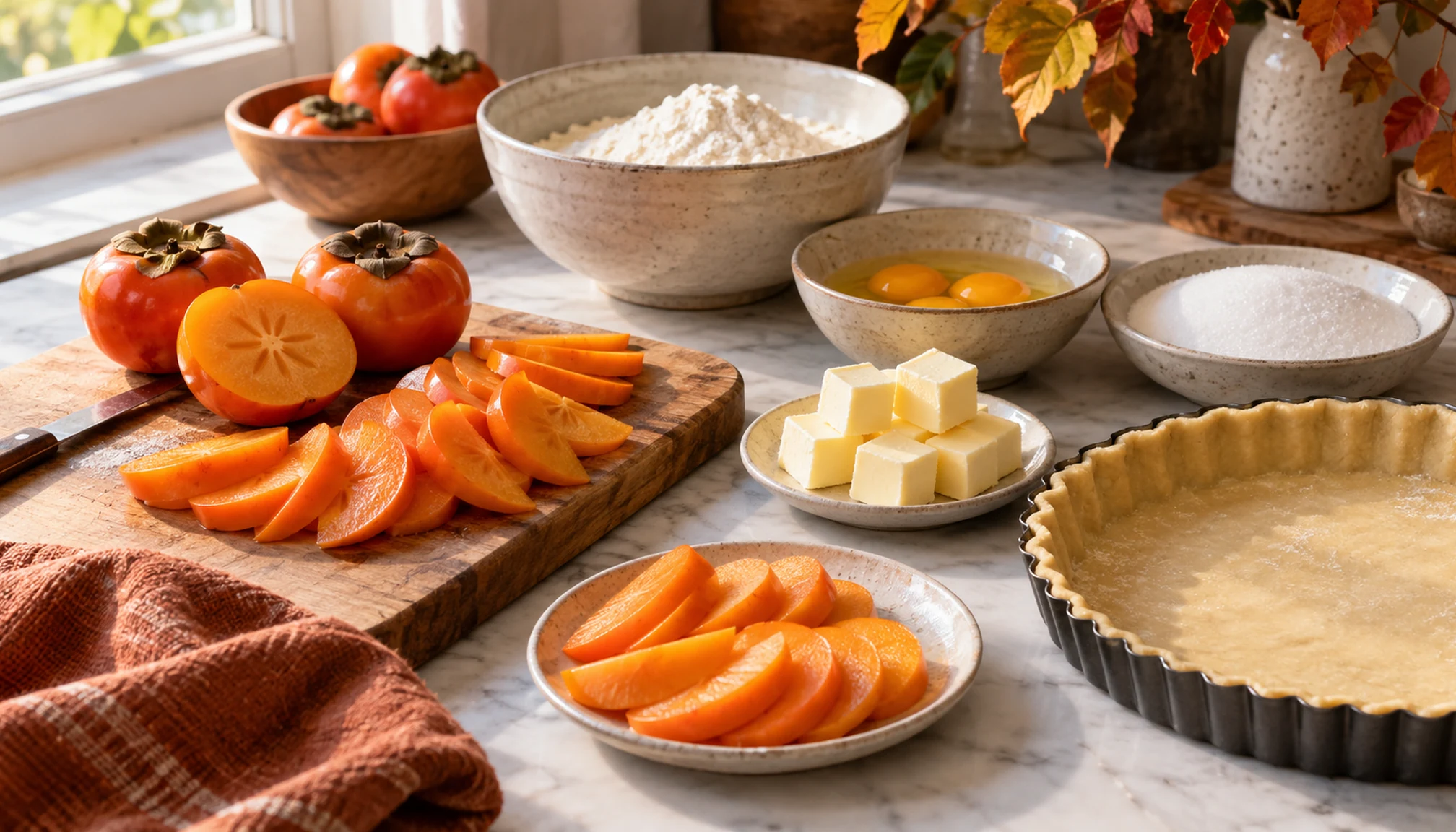 Préparation culinaire autour de recette avec des kakis sur un plan de travail