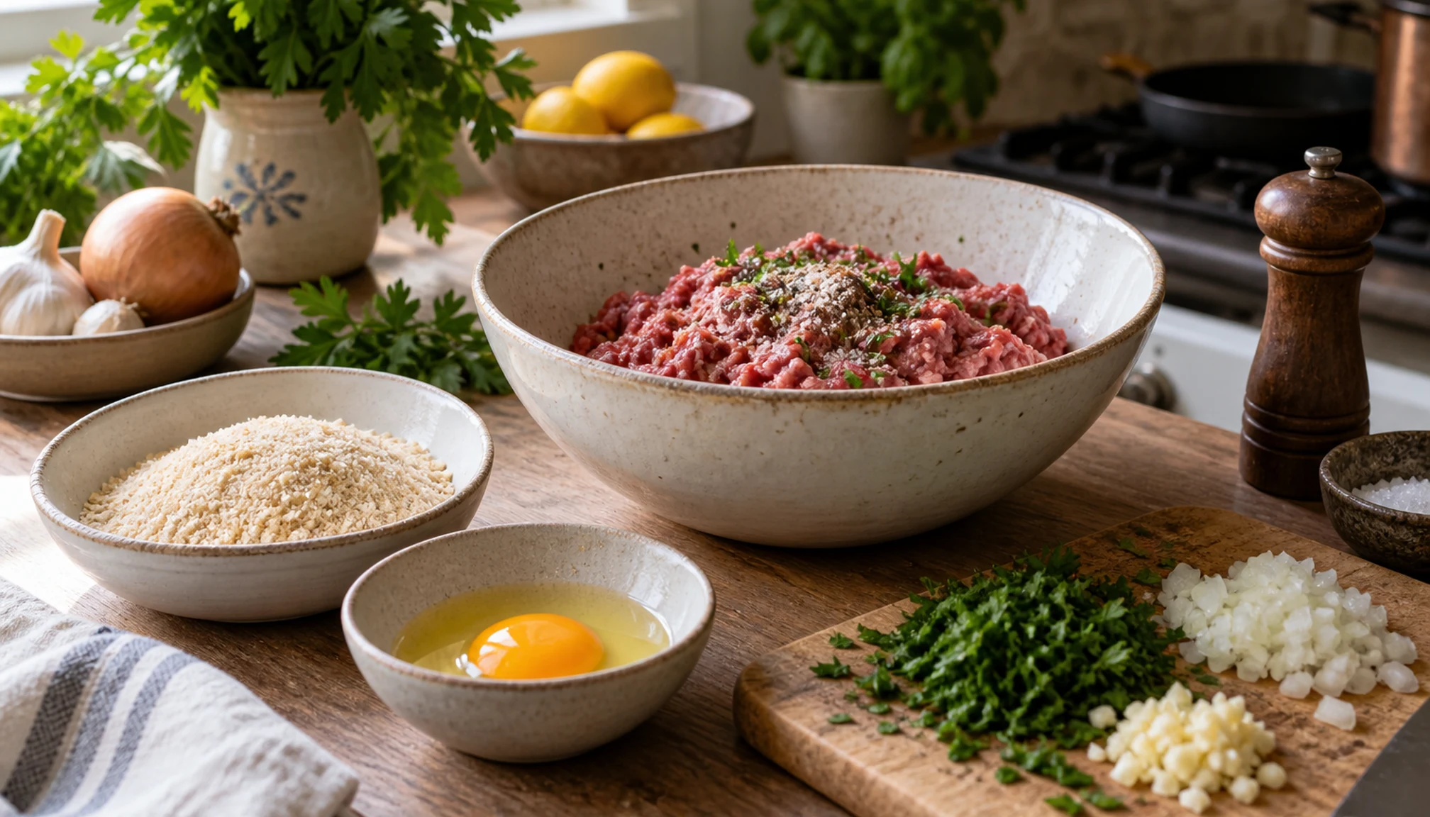 Préparation culinaire autour de recette boulette de viande maison sur un plan de travail