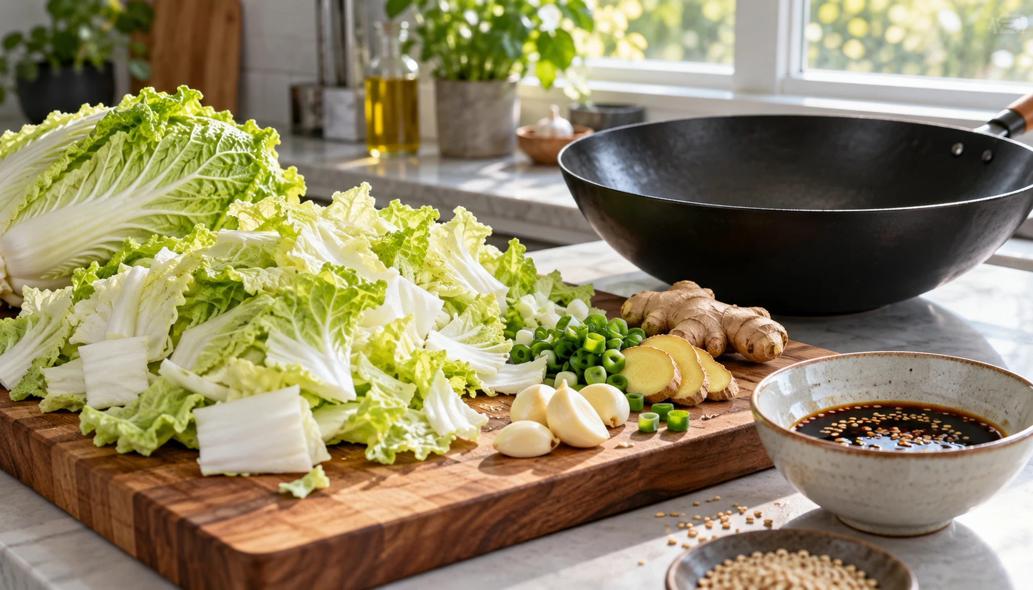 Préparation culinaire autour de recette chou chinois rapide sur un plan de travail