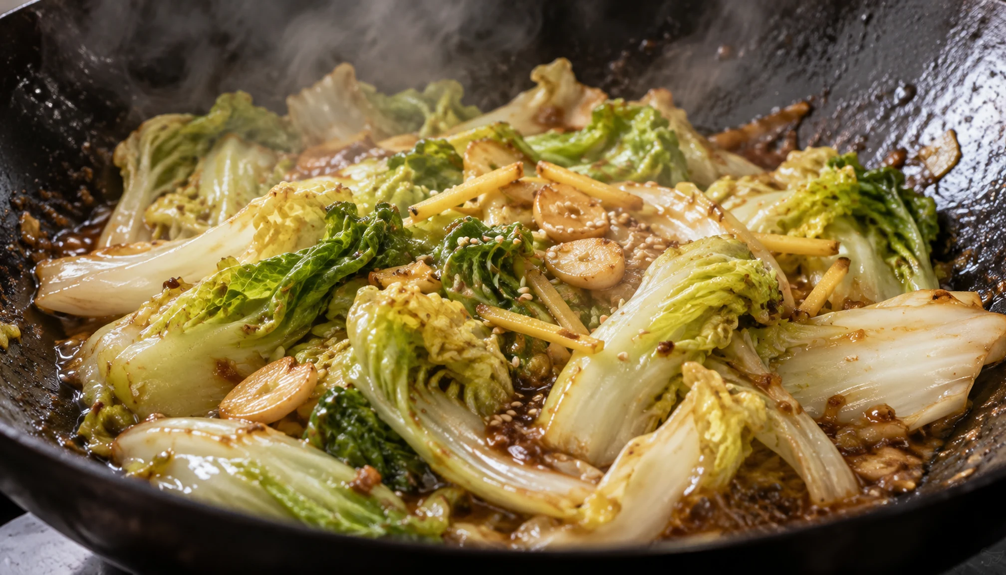Détail des ingrédients et textures pour recette chou chinois rapide