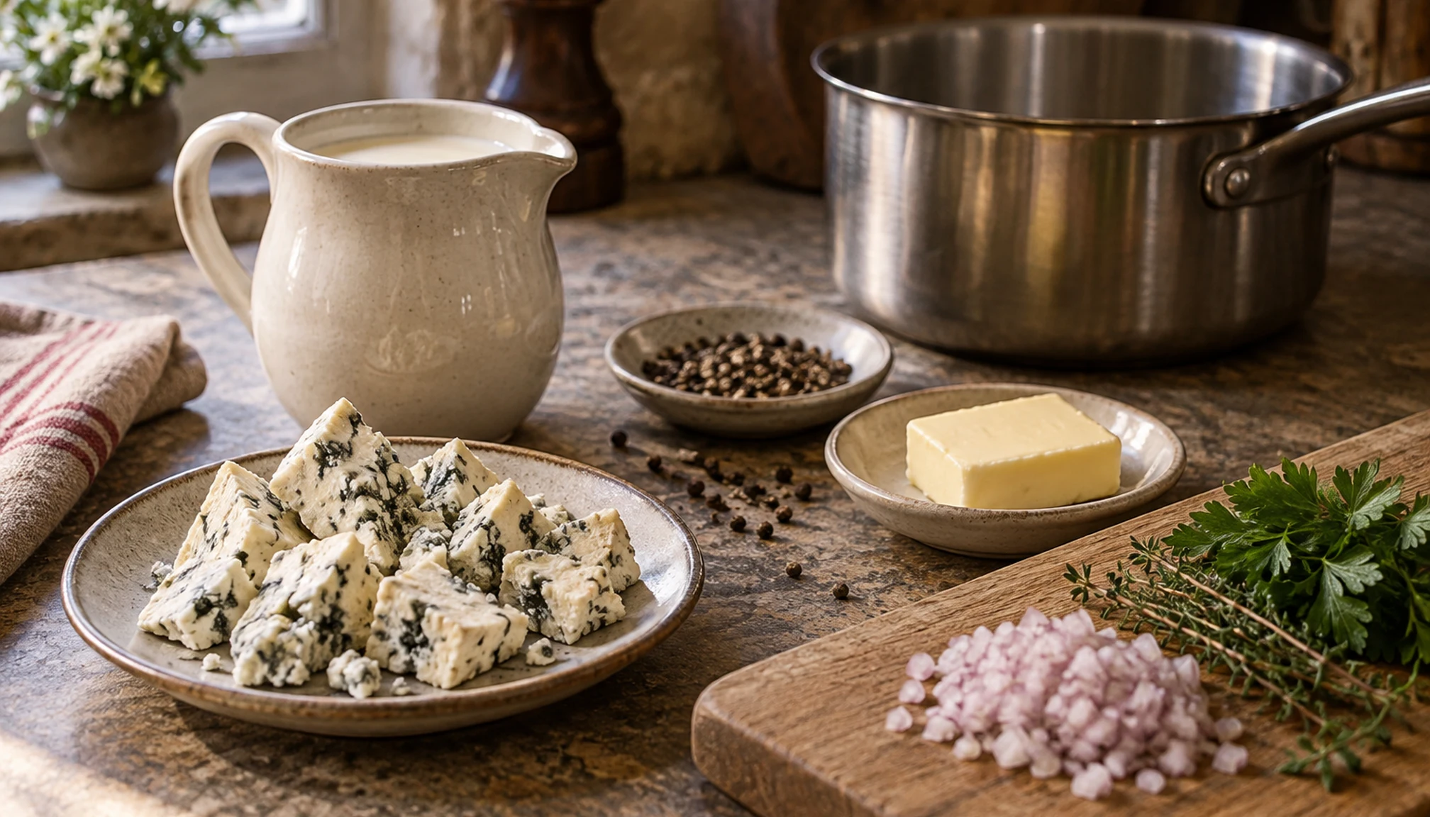 Préparation culinaire autour de sauce roquefort pour steak sur un plan de travail