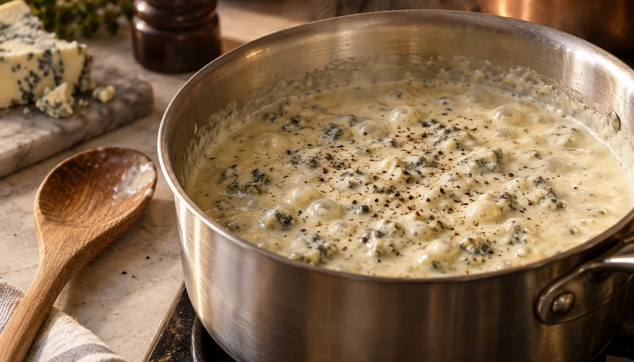 Détail des ingrédients et textures pour sauce roquefort pour steak