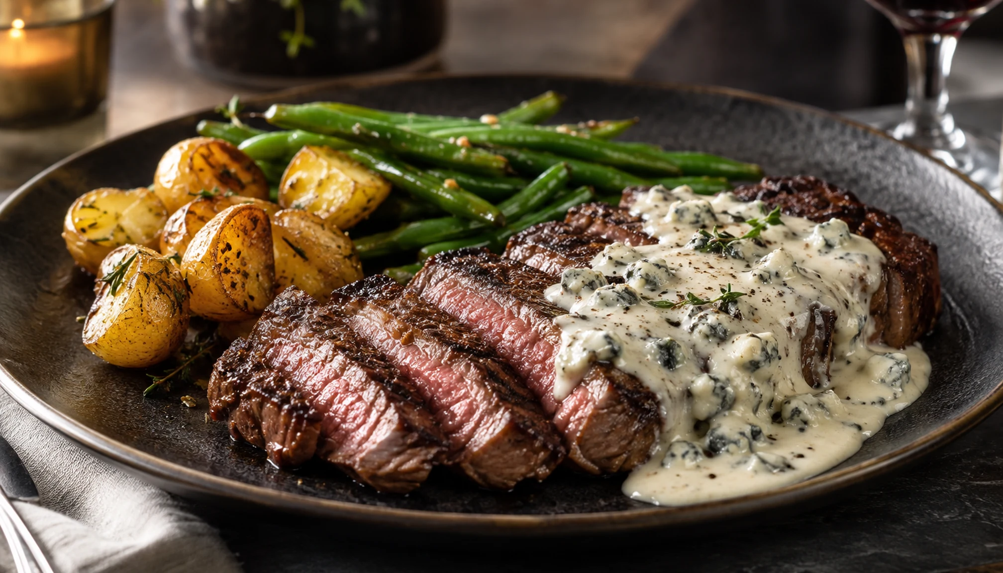 Présentation finale de sauce roquefort pour steak prête à servir