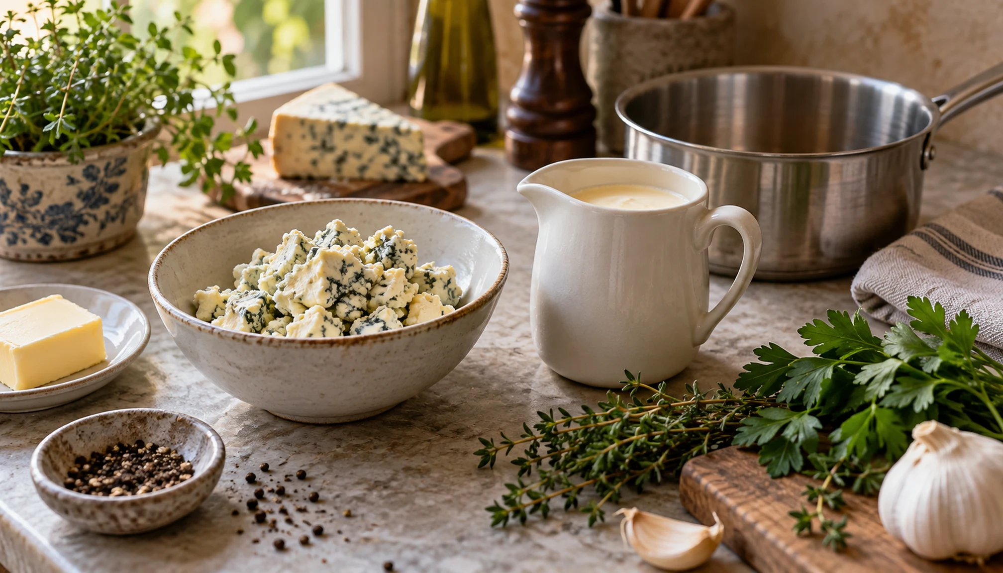 Préparation culinaire autour de sauce roquefort maison sur un plan de travail