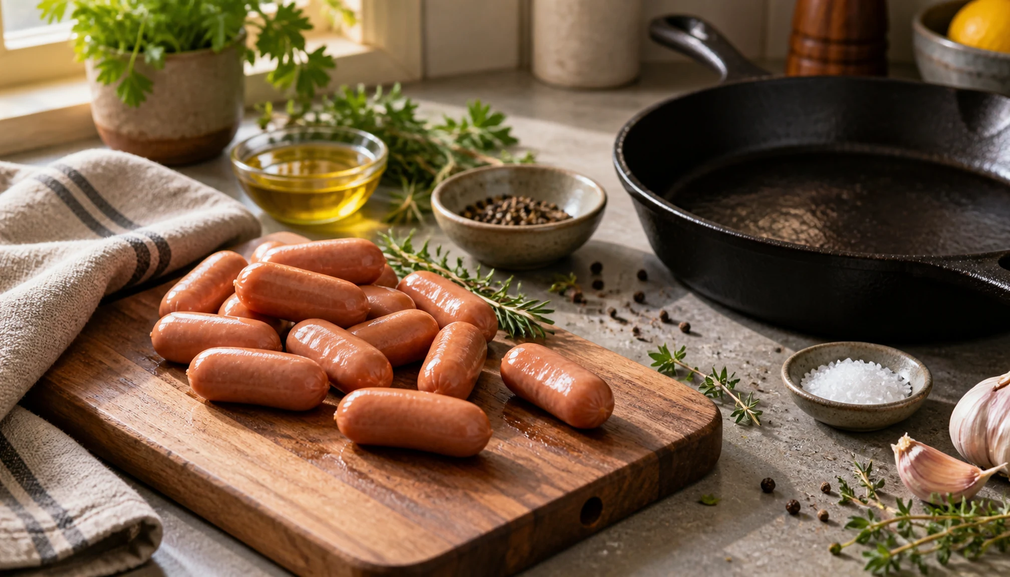 Préparation culinaire autour de saucisse knacki sur un plan de travail