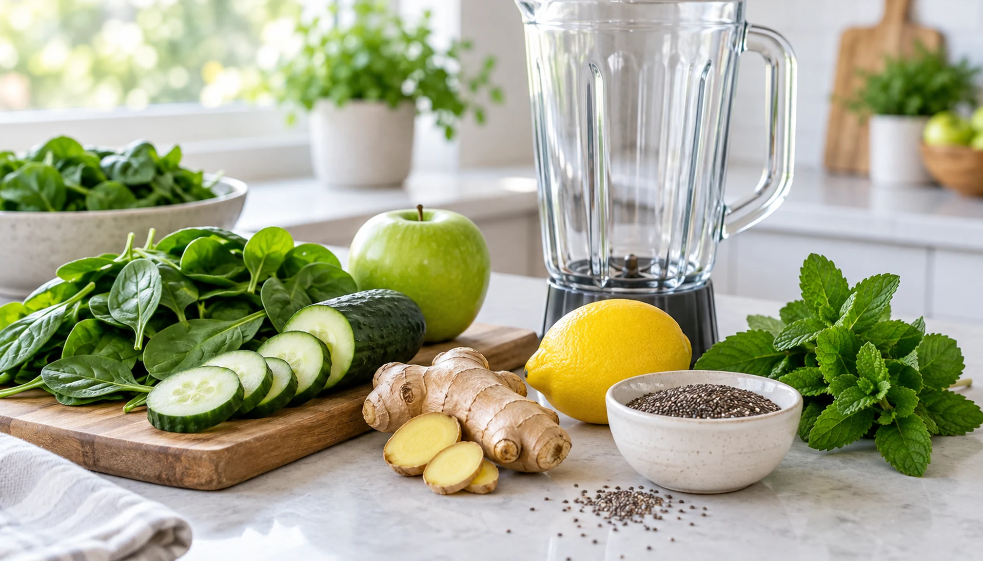 Préparation culinaire autour de smoothie pour maigrir du ventre sur un plan de travail