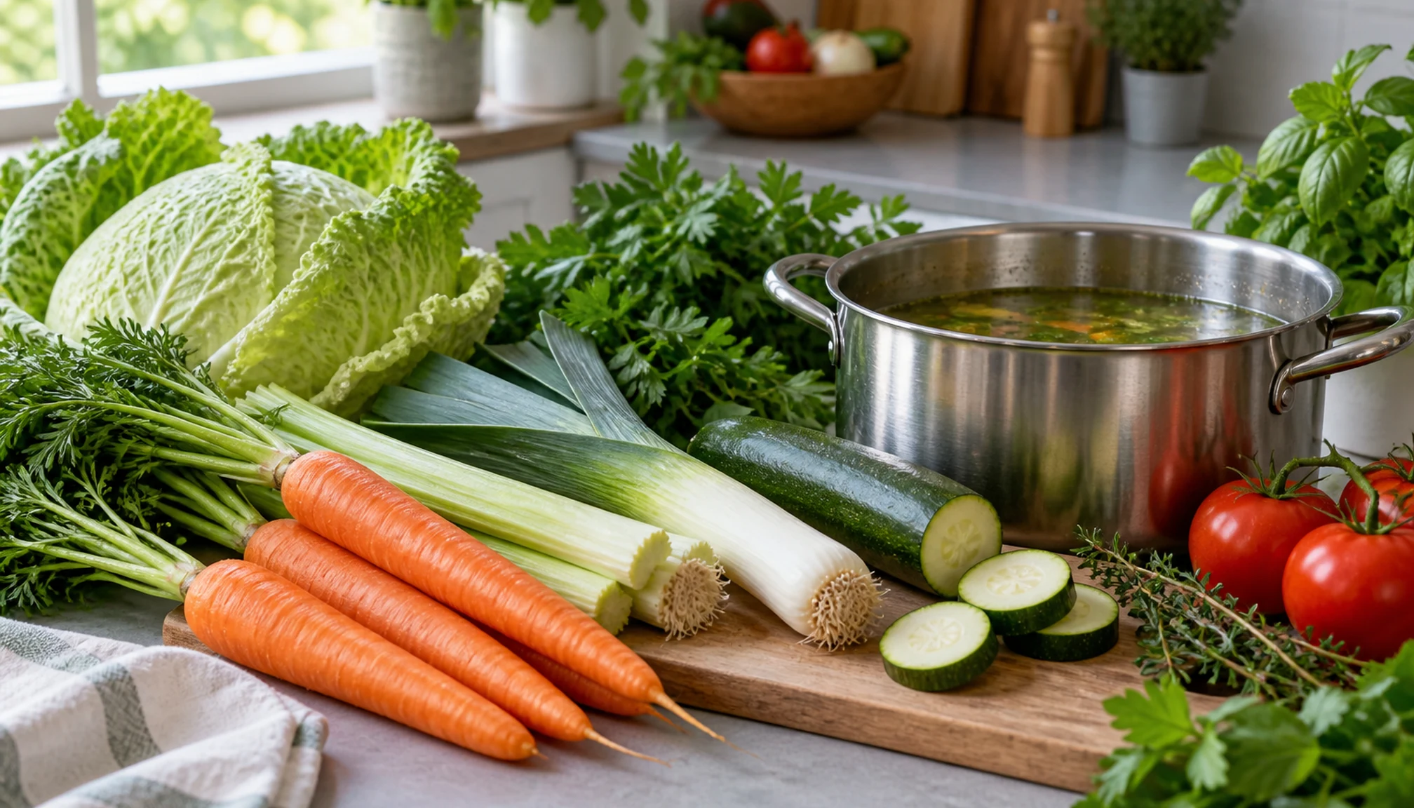 Préparation culinaire autour de soupe pour maigrir sur un plan de travail