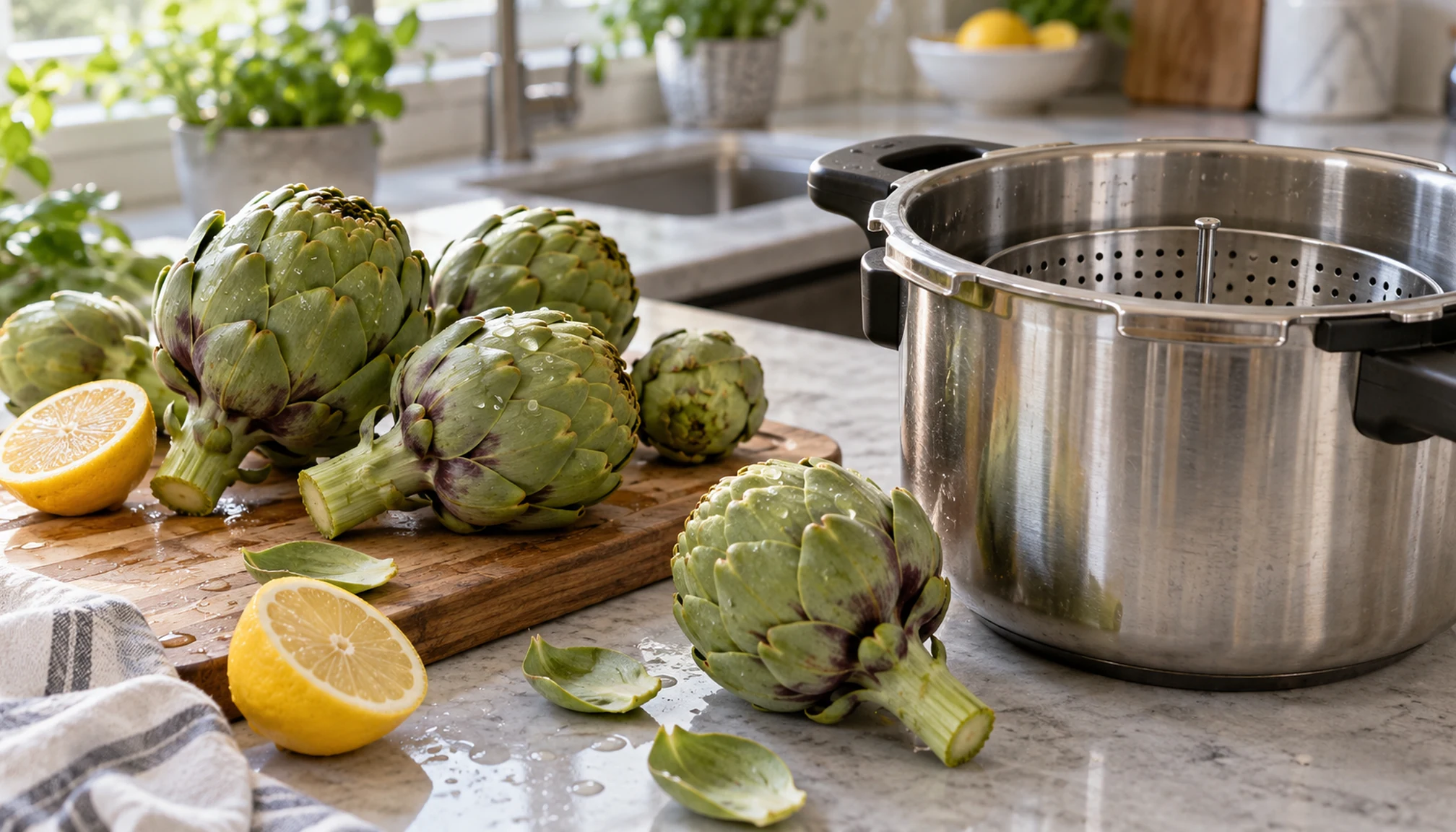 Préparation culinaire autour de temps de cuisson artichaut en cocotte-minute sur un plan de travail