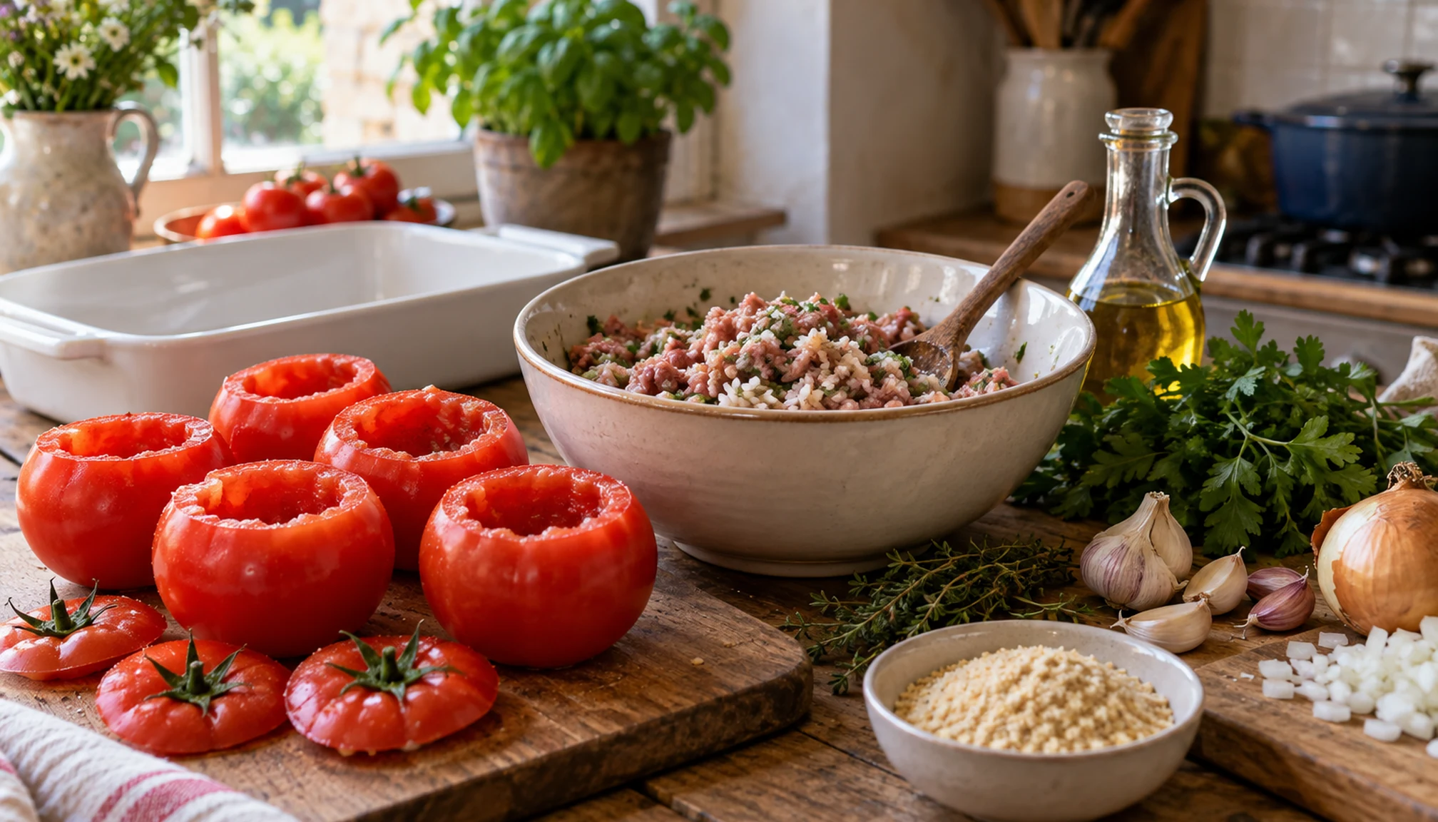 Préparation culinaire autour de tomates farcies maison sur un plan de travail